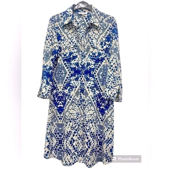 CAbi blue Jewel print button up shirt dress style # 422 roll tab sleeves… - Picture 4 of 11
